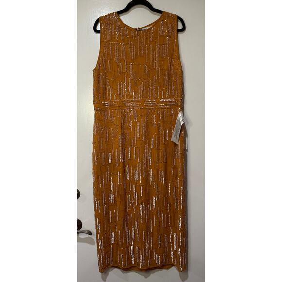 Mac Duggal Orange Abstract Beaded Sleeveless Midi Sheath Dress Size 14 NWT 70264 - Picture 2 of 16